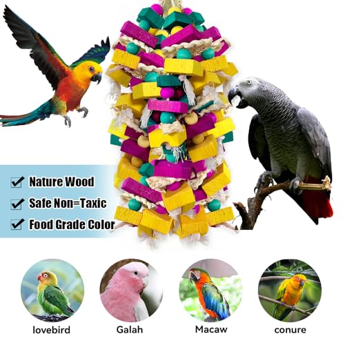 Large Bird Toys, Multi-Color Wooden Block with Bamboo Support Bird Chewing Toy Parrot Cage Bite Toy for Macaws Cokatoos African Grey and Large Medium