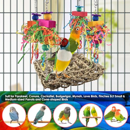 KATUMO Conure Toys, Bird Grass Swing Mat Parrot Climbing Hammock with Colorful Toys for Parakeet, Cockatiel, Sun Conure, Lovebird, Budgie, Small Birds