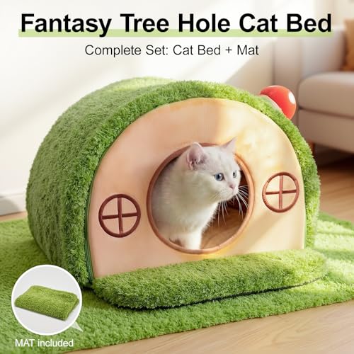 Cat House for Indoor Cats - Tree Hole Cat Bed Cave Hideaway | Enclosed Calming Shelter for Small Medium Pets, Removable & Washable Cushioned Pillow