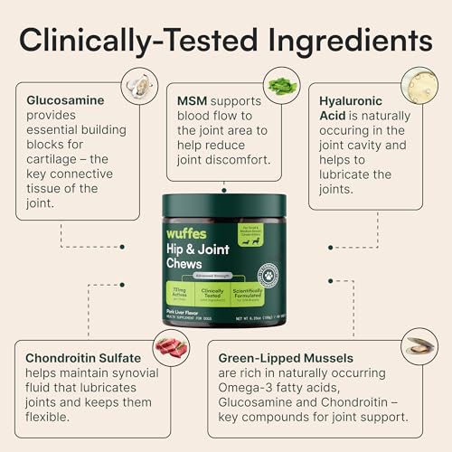Wuffes Advanced Dog Hip and Joint Supplement with Glucosamine, Chondroitin, Omega 3, MSM, and Green Lipped Mussel, 60 Pork Flavored Chews for Small