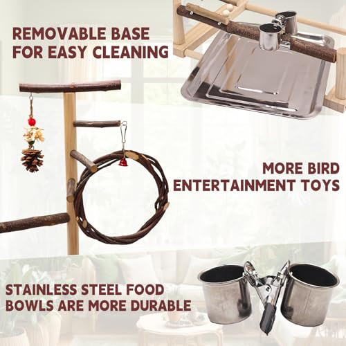 Bird Playground, Natural Wooden Parrot Stand Suitable for Small and Medium Birds, with Feeding Cups, Swing, Chew Toys,Bird Perch Ideal for Parakeets