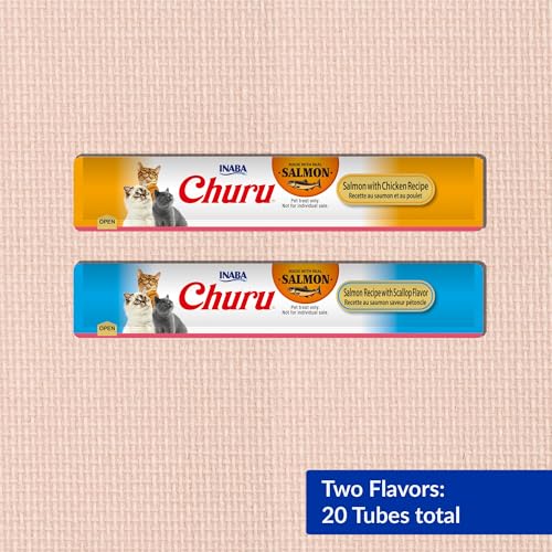 INABA Salmon Churu Cat Treats, Lickable, Squeezable Creamy Purée Cat Treat with Green Tea Extract & Taurine, 0.5 Ounces Each Tube, 20 Tubes, Scallop