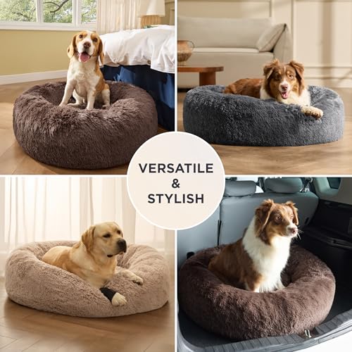 Bedsure SupportMax™ Calming Dog Beds Large Sized Dog - 36in Donut Washable Large Pet Bed,Anti-Slip ＆Removable Cover,420GSM Round Anti-Anxiety Fluffy