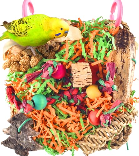 KATUMO Bird Toys, Parakeet Grass Mat Foraging Toy Parrot Shredding Hanging for Cockatiel Lovebird Parakeet Budgie Small-Medium Birds