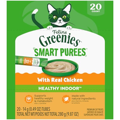 Greenies Feline Smart Purees Healthy Indoor Lickable Cat Treats with Real Chicken, 0.49 oz. Tubes, 20 Count