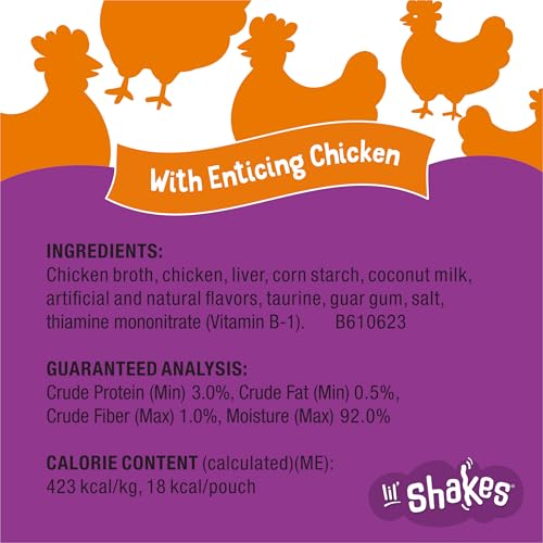 Purina Friskies Pureed Cat Food Topper, Lil’ Shakes With Enticing Chicken Lickable Cat Treats - (Pack of 16) 1.55 oz. Pouches