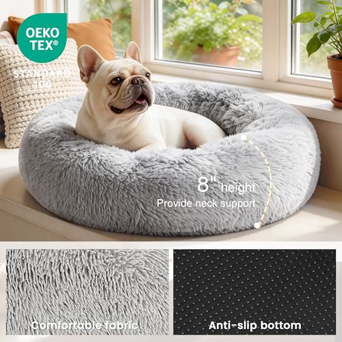 Love's cabin Calming Cat Bed for Indoor Cats, Anti-Anxiety Donut Round Dog Bed, Fluffy Faux Fur Washable Pet Bed for Small Medium Dogs and Cats