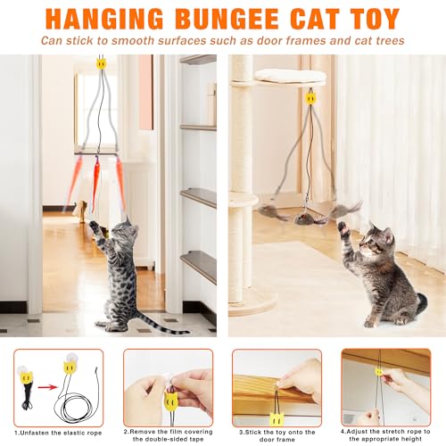 JXFUKAL Interactive cat Toy, Automatic Cat Wand Toy with Stable Wooden Base, 2 PCS Detachable Cat Teaser, 5PCS Refills Replacement & Hanging Elastic