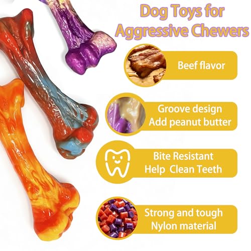 3 Pack Dog Chew Toy for Aggressive Chewers, Bacon Flavored Indestructible Dog Bone Toys for Medium/Large Breed to Keep Them Busy