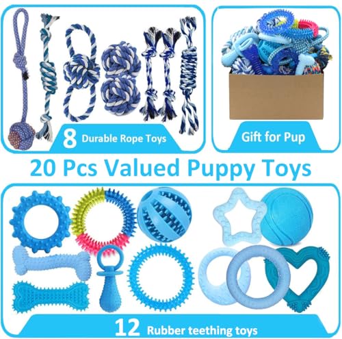 Beiker 20 Pack Puppy Chew Toys - Blue Dog Teething Toys for Puppies, Puppy Teething Rings and Ropes, Rubber Toy Bundle for Small Dogs, Cute