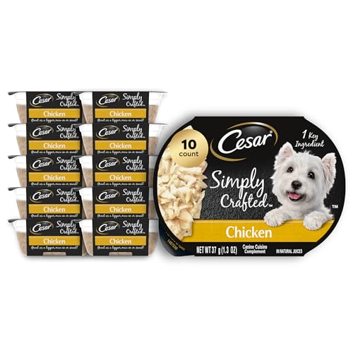 Cesar Simply Crafted Adult Wet Dog Food Toppers for Dry Food, Chicken, 1.3 oz Tubs, 10 Count