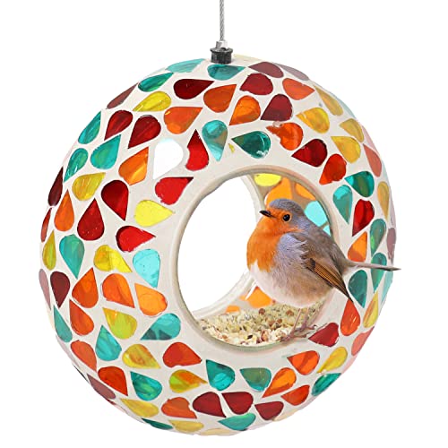 Sunnydaze 6-Inch Glass Mosaic Hanging Bird Feeder for Outdoors - Fly-Through Glass Bird Feeder for Cardinals, Jays, Finches and More - Confetti Mosaic