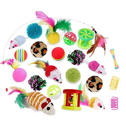 32Pcs Cat Toys Kitten Interactive Pet Toys Assortments, Foldable Rainbow Tunnel, Teaser Wand Fluffy Mouse Crinkle Balls Bell Play for Puppy Kitty (3