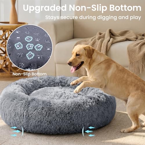 JOLLYVOGUE Calming Dog Beds Extra Large Sized Dog, 45in Donut Washable Large Pet Bed, Anti-Slip & Anti-Anxiety Fluffy Faux Fur Round Dogs Bed, Fits