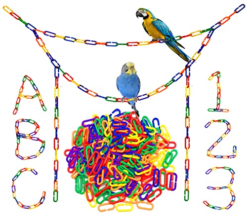 200-Piece Rainbow Plastic Chain Links & Toys - Interlocking C-Clip Bird Cage Accessories for Parakeets, Sugar Gliders, Small Pets (Climbing/Swinging