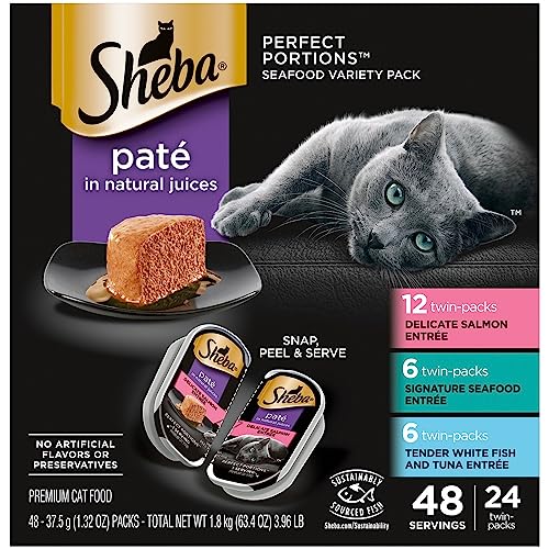Sheba Perfect Portions Wet Cat Food Pate with Sustainable Salmon, Signature Seafood Entree, and Tender White Fish and Tuna Entree Variety Pack, 2.6