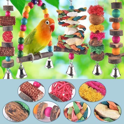 Bissap Bird Chew Toys, 7 Packs Parakeet Natural Wood Toys Parrot Hanging Cage Toy Perch Stand for Small Birds Conure Cockatiel Parrotlet Lovebird