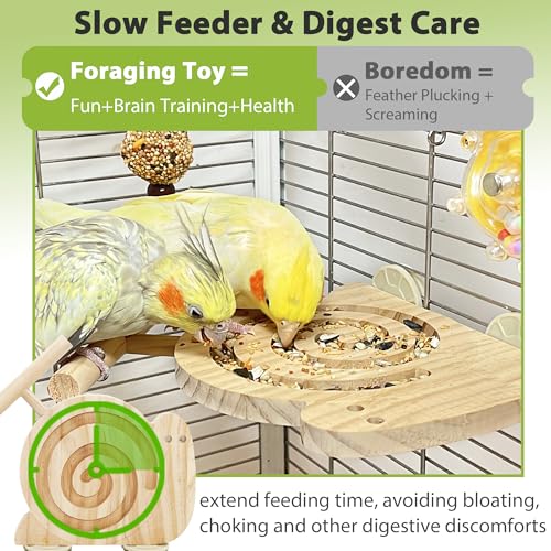 Bird Foraging Toys with Perch, Kiln-Dried Wood Bird Enrichment Toys for Slow Feeder, Parakeet Toy for Cages Reduce Seed Mess, Visible Food Design