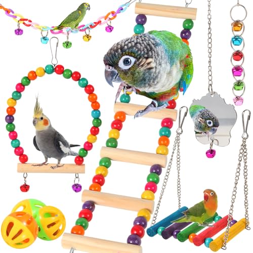 Bird Toys for Parakeets, Parrots, Conures, Cockatiels, Love Birds, Finches, Mynah, Budgerigar - 9Pcs Wooden Ladder Bridge, Swing, Hammock, Cage