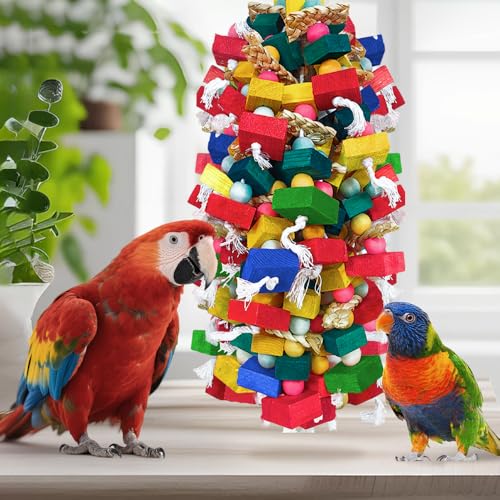 Bird Toys for Large Parrots Colorful Natural Wood Block Parrots Chew Foraging Toys for Bird Cages Cockatoos, Macaws, African Greys, and s