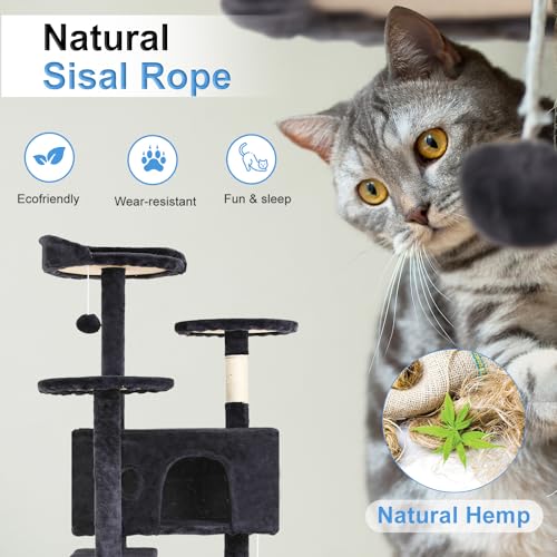 FDW | 54" Cat Tree Tower | Dark Gray | Multi-Level Indoor Activity Center with Sisal Scratching Posts, Condos, Plush Perches, Hanging Cat Toys