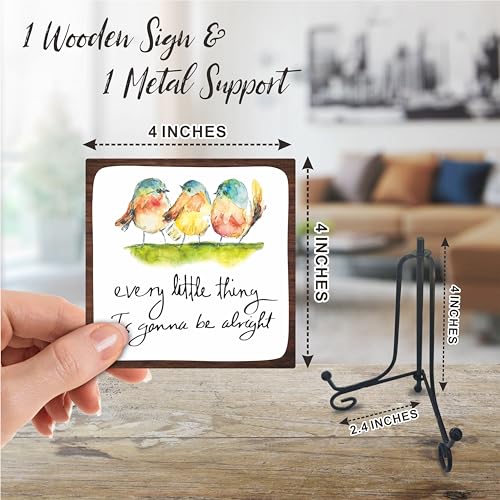 4" Bird Decor - Every Little Thing Is Gonna Be Alright - Spring Decor Watercolor Adorable Birds, Positive Quotes Wooden Plaque Desk Decor, Uplifting