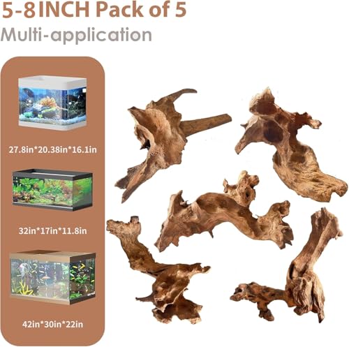 Jorewood Natural Small Aquarium Driftwood for Fish Tanks & Reptile Terrariums – 100% Safe Fish Tank Decorations, Unique Twisted Branches 5-Piece 4-8