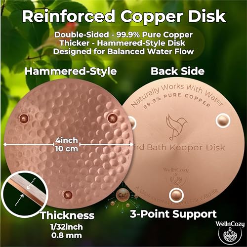 Bird Bath Copper Disk & Maintenance Set, 2 Hammered Style 0.8mm, 99.9% Pure Copper Plate, Rustic Birdbath Accessories for Bowl and Fountain, Supports