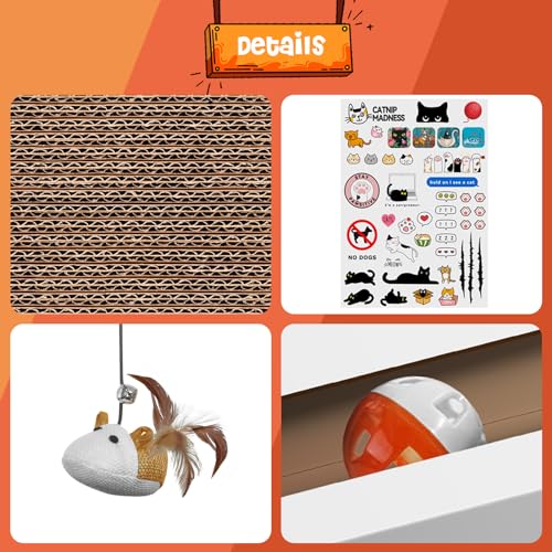 Cat Scratcher Laptop Cat Toy with 'Mouse' Jingle Ball, Stickers, 3-in-1 Cardboard Cat Interactive Toy, Kitten Cardboard Scratching Pad