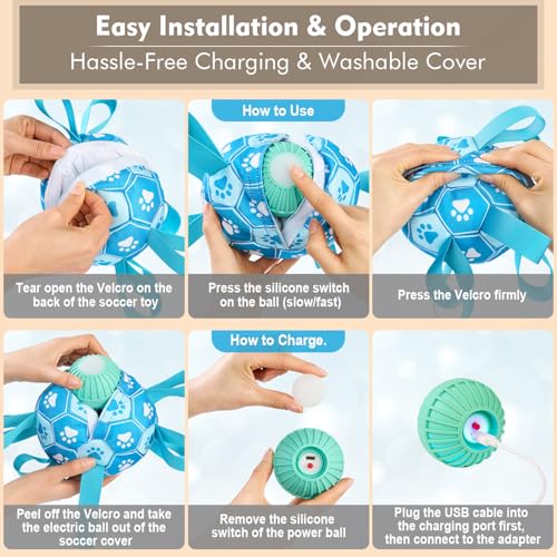 Interactive Dog Toys Dog Soccer Ball to Keep Them Busy,Durable Automatic Moving Jumping Dog Balls with Straps for Small/Medium/Large Dogs, USB