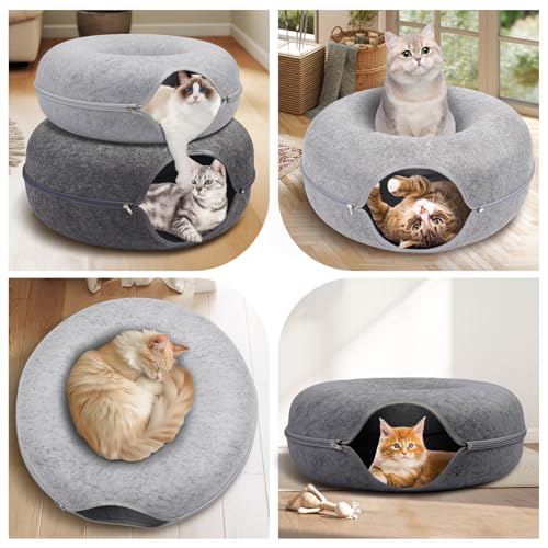 Cat Caves for Indoor Cats, Large Cat Tunnel for Multiple & Large Cats, Scratch Detachable Peekaboo Cat Cave Bed, Kitten Donut Kitty Hideaway Up to 45