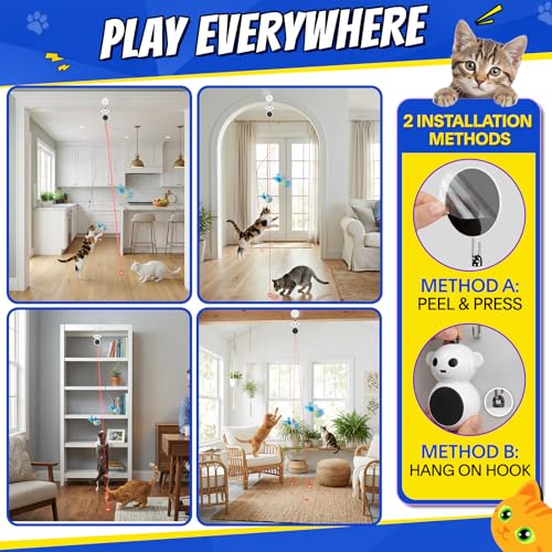 Interactive Cat Toys for Indoor Cats - 2 in 1 Automatic Laser Pointer Cat Toy with Flying Bird，Smart Moving Wand Toy with 2 Modes, Doorway Hanging