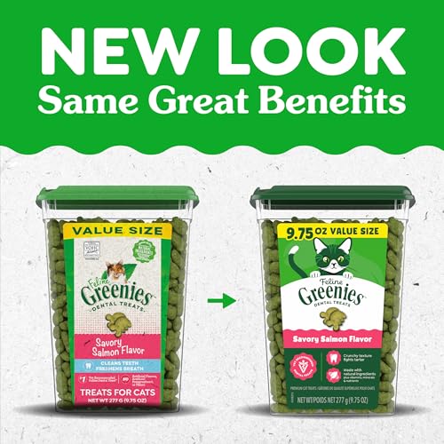 Greenies Cat Treats, Feline Veterinarian-Recommended Adult Natural Dental Cat Treats, Savory Salmon Flavor, 9.75 oz. Tub