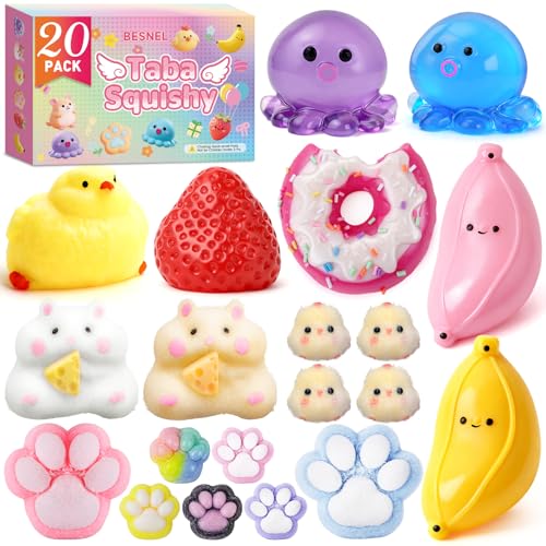 20Pcs Taba Squishy Pack Fidget Toys, Include Squishies Chick, Cat Paws, Hamster, Strawberry Toys, Sensory Toys for Kids, Classroom Birthday Gifts