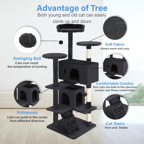 FDW | 54" Cat Tree Tower | Dark Gray | Multi-Level Indoor Activity Center with Sisal Scratching Posts, Condos, Plush Perches, Hanging Cat Toys