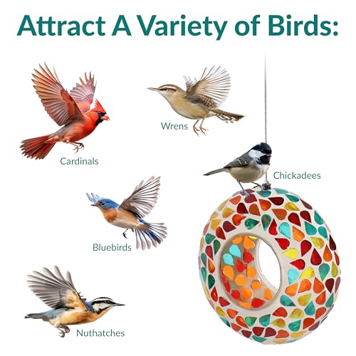 Sunnydaze 6-Inch Glass Mosaic Hanging Bird Feeder for Outdoors - Fly-Through Glass Bird Feeder for Cardinals, Jays, Finches and More - Confetti Mosaic