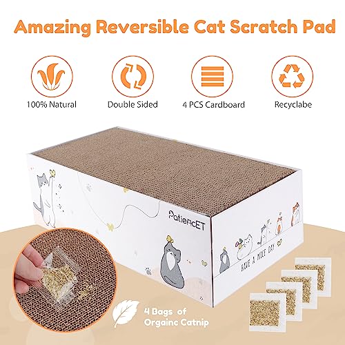 PatiencET Cat Scratch Pad with Box, 4 Pack Cardboard Cat Scratcher Lounge Bed for Indoor Cats, Reversible Corrugated Scratching Board Refill with