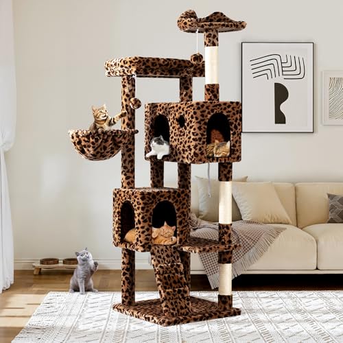 Allewie 64 Inches Cat Tree Tower/Multi-Level Activity Center for Indoor Big Felines/2 Plush Condos/2 Perchs/Basket/House/Sisal Scratching