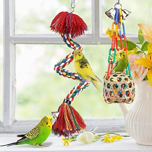 Bird Toys Rope Perch with Bell Colorful Bird Chewing Shredding Foraging Toys Parrot Swing Climbing Standing Hanging Toys Cage Accessories for Conure