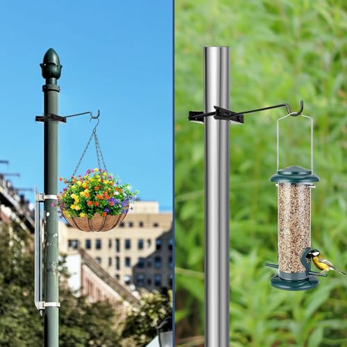 2 Pack Bird Feeder Hanger Hook, Metal Clamp-On Deck Hook for Railing Pole, Outdoor Hanging Bracket for Plant, Camping Lantern Rack, Windproof Tree