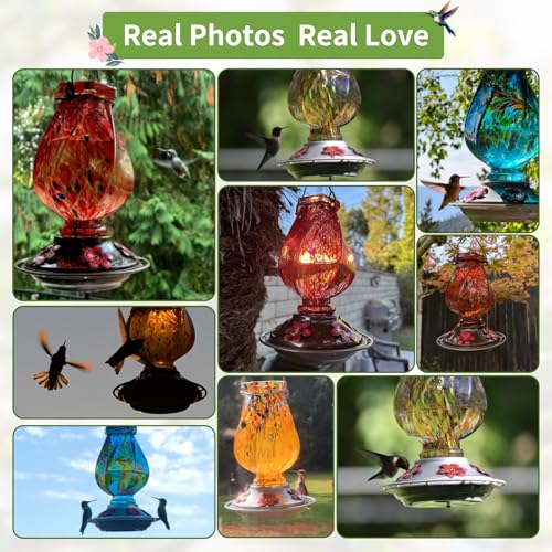 BOLITE Hummingbird Feeder, Hand Blown Glass Hummingbird Feeders for Outdoors Hanging with Ant Moat, 5 Bee-Proof Ports, Leak-Proof, 360° Perch, 22oz