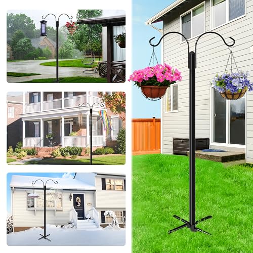 XDW-GIFTS Double Shepherds Hooks for Outdoor, 2-Pack Heavy Duty Garden Pole for Hanging Bird Feeder, Plant Baskets, Solar Light Lanterns, Garden