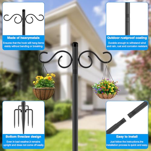 Adjustable Shepherd Hooks for Outdoor, 2 Pack 80 Inch 5 Prong Base Bird Two Sided Feeder Poles, Heavy Duty Shepherds Hook, Suitable for Garden in