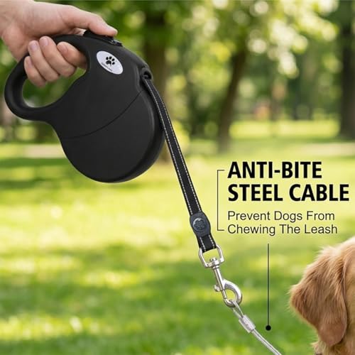 16ft Retractable Dog Leash for Large Breed Dogs up to 110 lbs with a Detachable Chew Proof Extender Wire Ropes (Black L)