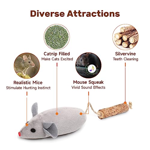 Potaroma Cat Toys: 3pcs Squeak Mice Interactive Catnip Silvervine Animals for Indoor Kittens - Dental Matatabi Cat Nip & Chew Exercise Toy for All
