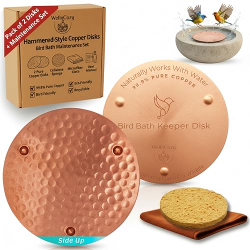 Bird Bath Copper Disk & Maintenance Set, 2 Hammered Style 0.8mm, 99.9% Pure Copper Plate, Rustic Birdbath Accessories for Bowl and Fountain, Supports