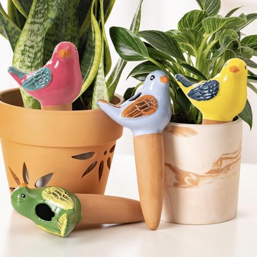 4 Pack Self Watering Bird Shaped Globes, Terracotta Vacation Planters Devices with Slow Release Automatic Watering Spikes, Plant Watering Pots for
