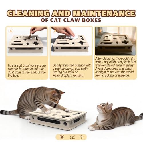 Cat Scratch Puzzle Enrichment Box, Large Solid Wood Construction Cat Nail File Enrichment Box with Sandpaper Inside, Cat Nail File Box Stress Free
