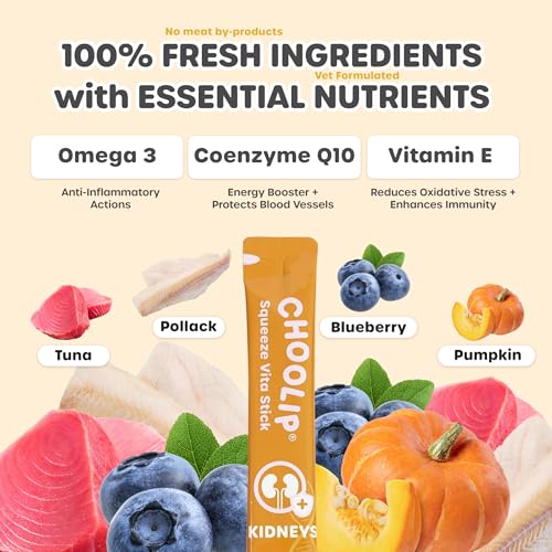 Choolip Squeeze Vita Stick Lickable Cat and Dog Treats, 7-Count Kidney Support, Tuna and Pollack with Pumpkin, Blueberry and Omega-3, Grain-Free
