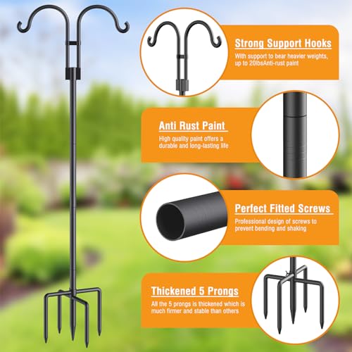 Relx Bird Feeder Pole - Adjustable Double Shepherds Hooks for Bird Feeder with 5 Prong Base - 76 Inch Heavy Duty Shepherds Hooks for Outdoor,Hanging